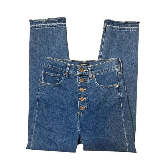 Express Super High Waisted Raw Hem Button Fly Mom Jeans Size 0 - Picture 1 of 16
